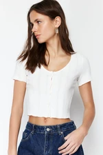 Trendyol Ecru Placket Crop Pool Collar Ribbed Flexible Knitted Blouse