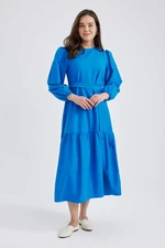 DEFACTO Crew Neck Tie Waist Detailed Poplin Long Sleeve Maxi Dress