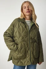 Happiness İstanbul Women's Khaki Pocket Turtleneck Quilted Coat