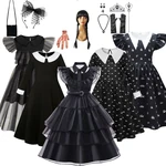 Girls Dress Wednesday Addams Costume Black Gown Children Dress Up Halloween Carnival Party Princess Dresses Baby Fansy Clothes