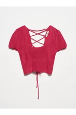 Dilvin Fuchsia Square Neck Laced Back Short Sleeve Sweater