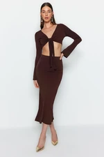 Trendyol Dark Brown Tie Detailed Super Crop and Midi Knitted Blouse and Skirt Top-Bottom Set