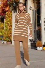 Trendyol Camel Zipper Detailed Thessaloniki Striped Knitwear Top-Top Set