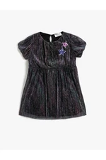 Koton Shiny Tulle Dress With Short Balloon Sleeves Embroidered Stars With Sequins and Lined.