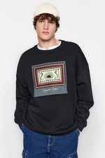 Trendyol Black Oversize/Wide Cut Crew Neck Long Sleeve Ethnic Appliqued Sweatshirt