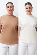 Trendyol Curve Beige-Mink 2-Pack 100% Cotton Basic Stand Collar Knitted T-Shirt