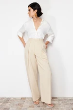 Trendyol Beige Wide Leg Double Pleated Cotton Fabric Woven Trousers