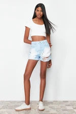 Trendyol Light Blue Ripped High Waist Mini Denim Shorts & Bermuda