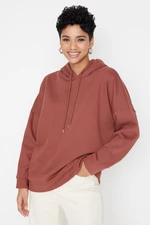 Trendyol Brown Thick Fleece Interior Printed Back Oversized/Wide Knitted Sweatshirt