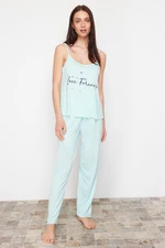 Trendyol Mint Slogan Printed Rope Strap Knitted Pajama Set