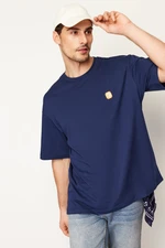 Trendyol Navy Blue Oversize/Wide-Fit Short Sleeve Embroidered 100% Cotton T-Shirt