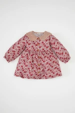 DEFACTO Baby Girl Wide Knit Collar Floral Patterned Button Down Long Sleeve Twill Dress