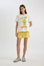 DEFACTO Fall In Love Looney Tunes Pajama Set Short Sleeve Top Shorts Elastic Waist Bottom