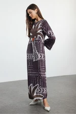 Trendyol Dark Brown Satin Surface Ethnic Patterned Evening Dress