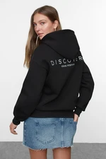 Trendyol Black Hooded Back Printed Oversize/Wide Fit Thick Inside Fleece Knitted Sweatshirt