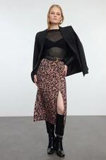 Trendyol Brown Slit Viscose Fabric Animal Patterned Midi Woven Skirt