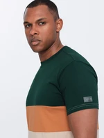 Ombre Men's tricolor T-shirt with wide stripes - dark green