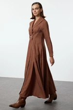 Trendyol Brown Linen Look Front Belt Detailed Woven Dress