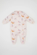 DEFACTO Baby Girl Newborn Pink Zippered Dinosaur Printed Cotton Long Sleeve Jumpsuit