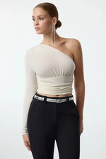 Trendyol Ecru One Shoulder Crop Glittery Knitted Blouse