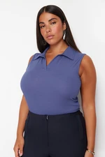 Trendyol Curve Blue Fitted Polo Neck Stretchy Knitted Blouse