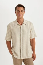 DEFACTO Relax Fit Polo Neck Striped Linen Short Sleeve Shirt