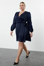 Trendyol Curve Navy Blue Satin Double Breasted Closure Long Balloon Sleeve Flounce Midi Dress