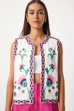 Happiness İstanbul Women's Pink White Embroidery Detailed Linen Vest