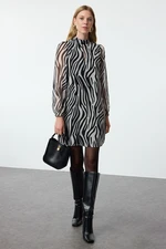 Trendyol Black Animal Patterned Straight Cut Mini Lined Woven Winter Dress