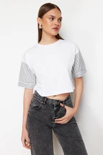 Trendyol White Striped Poplin Sleeve Detailed Slogan Printed Crop Knitted T-Shirt