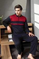 J4443 Dewberry Mens Buttoned Long Sleeve Pyjama Set-NAVY