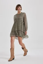 DEFACTO Round Neck Patterned Chiffon Long Sleeve Mini Dress