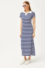 Olalook Women's Navy Blue Polo Neck Striped Lycra Dress