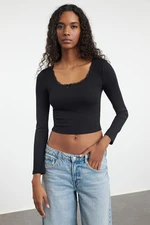 Trendyol Black Square Neck Lace Detailed Crop/Short Knitted Blouse