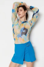 Trendyol Multi Color Printed Crew Neck Long Sleeve Flexible Tulle Snaps Knitted Body