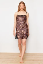 Trendyol Brown Leopard Patterned Lace Rope Strap Cowl Collar Satin Woven Nightgown