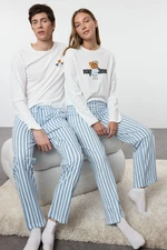 Trendyol Women's Couple White 100% Cotton Striped Teddy Bear Knitted Pajama Set