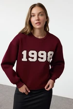 Trendyol Claret Red Thick Inside Fleece Regular/Normal Cut Slogan Embroidered Knitted Sweatshirt