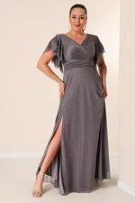 By Saygı Double Breasted Neck Front Draped Lined Plus Size Long Silvery Dress with Flounce Slit on the Sleeves