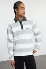 Trendyol Ecru Regular/Normal Cut Polo Collar Striped Polar Fleece Inside Cotton Sweatshirt