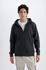 DEFACTO Men's Anthracite Hooded Soft Furry Zippered Basic Cotton Sweatshirt Cardigan