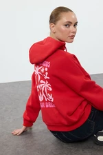 Trendyol Red Slogan and Back Printed Relaxed/Comfortable Fit Knitted Sweatshirt