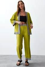 Trendyol Oil Green Embroidered Woven Kimono-Pants Set