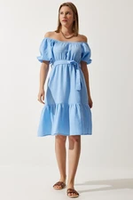 Happiness İstanbul Women's Sky Blue Carmen Collar Belted Summer Muslin Dress