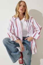 Happiness İstanbul Women's White Red Striped Oversize Poplin Shirt