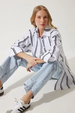 Happiness İstanbul Women's White Black Striped Oversize Poplin Shirt