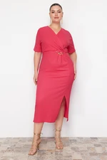 Trendyol Curve Fuchsia Midi Knitted Dress with Accessory Detail