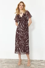 Trendyol Dark Brown Animal Patterned A-line Chiffon Maxi Woven Dress