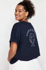 Trendyol Curve Navy Blue 100% Cotton Back Printed Relaxed/Wide Relaxed Cut Crew Neck Knitted T-Shirt