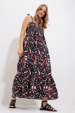 Trend Alaçatı Stili Women's Black Strap Skirt Flounce Floral Pattern Gimped Woven Dress